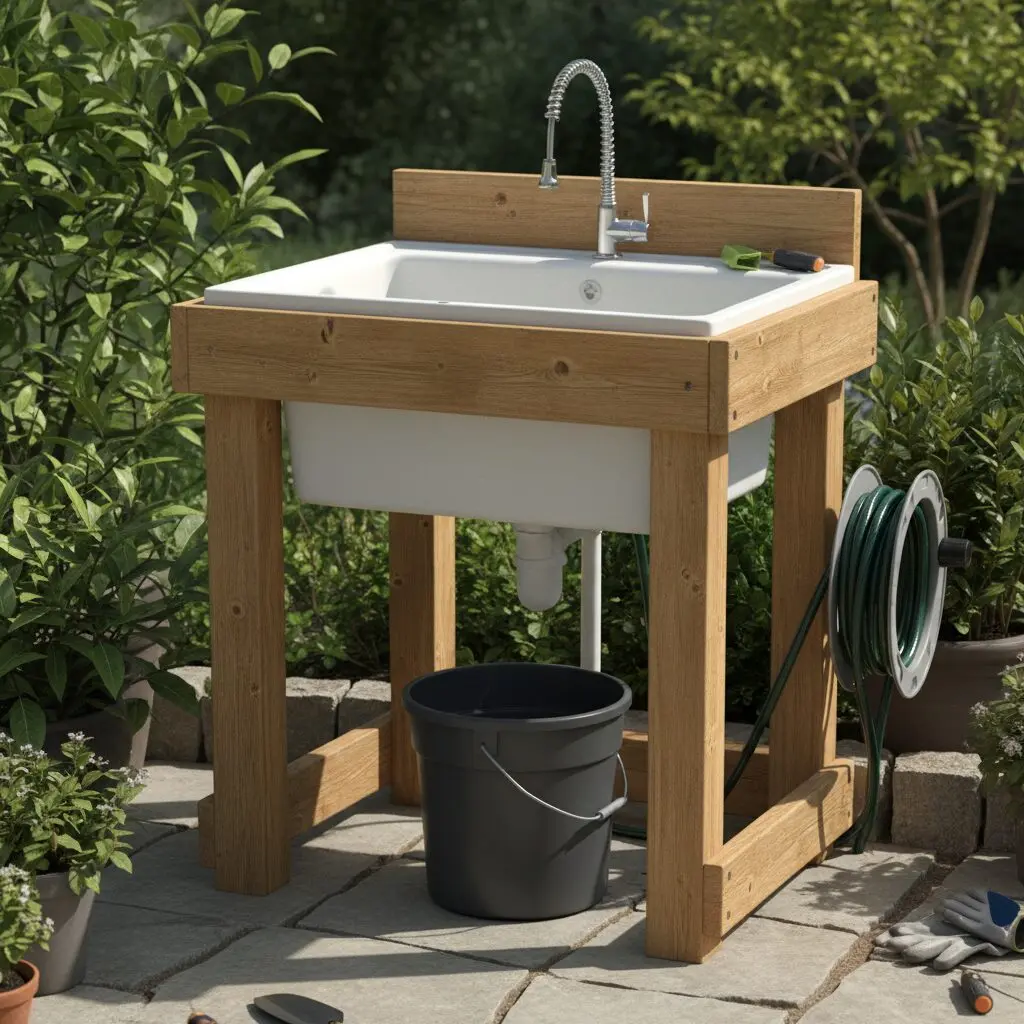 Low budget DIY outdoor sink station made from 2×4 lumber with utility sink, hose connection, and bucket drain