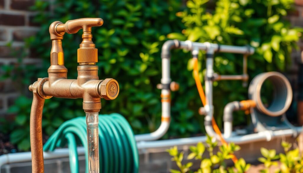 A detailed outdoor plumbing system in a well-equipped kitchen garden. In the foreground, a sturdy faucet and hose assembly with brass fixtures glinting in warm natural light. In the middle ground, a network of PVC pipes and valves neatly arranged, leading to a garden hose reel. The background features lush greenery, with a brick or stone wall providing a textured backdrop. The overall scene conveys a sense of functionality, order, and integration with the surrounding landscape, showcasing the seamless and essential nature of an outdoor plumbing setup for a thriving kitchen garden.