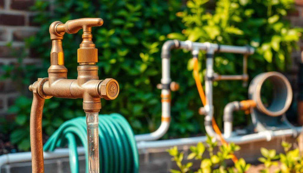 A detailed outdoor plumbing system in a well-equipped kitchen garden. In the foreground, a sturdy faucet and hose assembly with brass fixtures glinting in warm natural light. In the middle ground, a network of PVC pipes and valves neatly arranged, leading to a garden hose reel. The background features lush greenery, with a brick or stone wall providing a textured backdrop. The overall scene conveys a sense of functionality, order, and integration with the surrounding landscape, showcasing the seamless and essential nature of an outdoor plumbing setup for a thriving kitchen garden. A detailed outdoor plumbing system in a well-equipped kitchen garden. In the foreground, a sturdy faucet and hose assembly with brass fixtures glinting in warm natural light. In the middle ground, a network of PVC pipes and valves neatly arranged, leading to a garden hose reel. The background features lush greenery, with a brick or stone wall providing a textured backdrop. The overall scene conveys a sense of functionality, order, and integration with the surrounding landscape, showcasing the seamless and essential nature of an outdoor plumbing setup for a thriving kitchen garden.