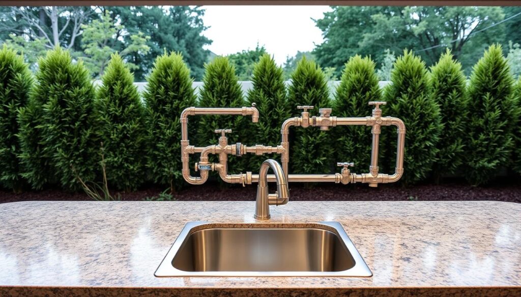 A meticulously planned outdoor kitchen with a well-organized plumbing layout. In the foreground, a stainless steel sink and faucet sit atop a sturdy granite countertop. Midground showcases a series of precision-engineered pipes, valves, and fittings, neatly arranged and expertly installed. The background features a lush, verdant landscape, with strategically placed lighting illuminating the entire scene. The layout is both functional and aesthetically pleasing, reflecting the attention to detail and careful planning essential for a successful outdoor kitchen plumbing project.