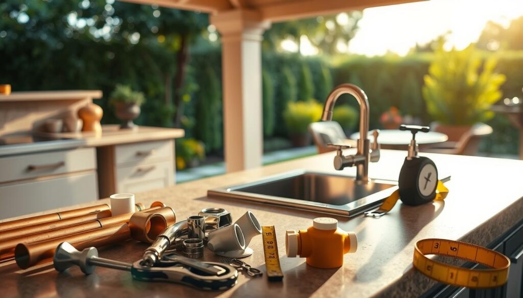 A neatly organized outdoor kitchen counter, bathed in warm, natural lighting. In the foreground, an assortment of plumbing materials - copper pipes, PVC fittings, wrenches, and a rolling tape measure. The middle ground showcases a basin and faucet setup, ready for installation. In the background, lush greenery and a tranquil patio scene, creating a serene, welcoming atmosphere. The entire composition conveys a sense of expertise and preparedness for a successful outdoor kitchen plumbing project.