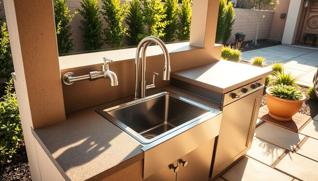 A well-lit outdoor kitchen, with a sturdy, stainless steel sink and faucet installation taking center stage. The plumbing pipes, expertly routed and secured, run from the main water supply, seamlessly integrating with the kitchen's design. The scene is bathed in warm, natural sunlight, casting gentle shadows and highlights that accentuate the clean, modern aesthetic. The surrounding area is neatly landscaped, with lush greenery and a stone patio, creating a harmonious, inviting atmosphere for al fresco dining and entertaining. The overall composition conveys a sense of functionality, durability, and attention to detail - a visually compelling representation of the water supply installation process for an outdoor kitchen.