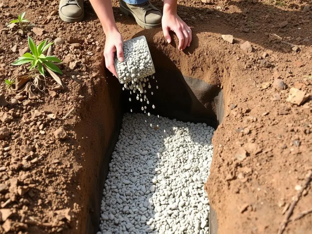 Adding gravel base to French drain trench Adding gravel base to French drain trench