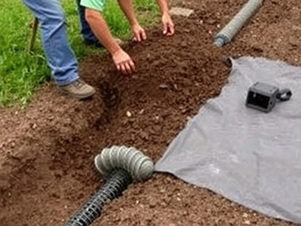 Backfilling French drain trench with soil Backfilling French drain trench with soil