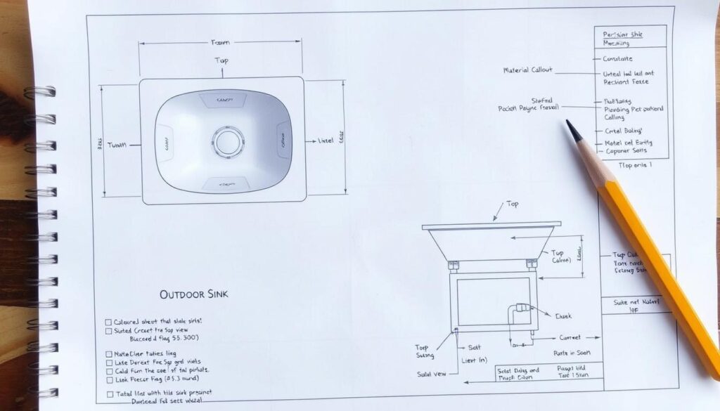 Blueprint and design plans for outdoor sink with measurements