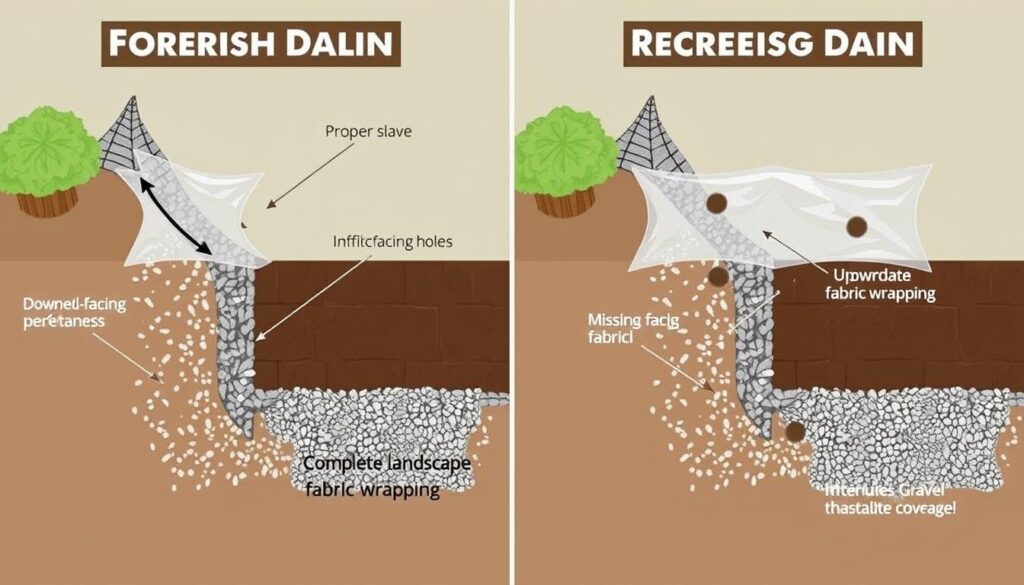 Comparison of correct vs. incorrect French drain installation techniques