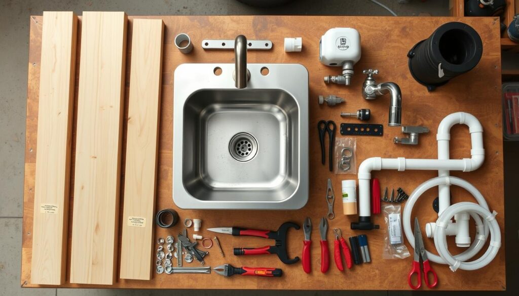 Complete set of materials needed for building an outdoor sink laid out