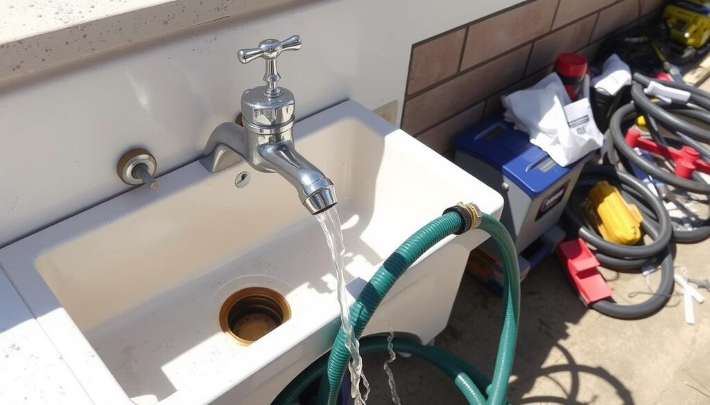Completed outdoor sink installation with tools and materials