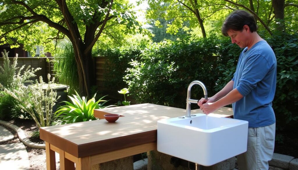 Completed outdoor sink project in use in garden setting