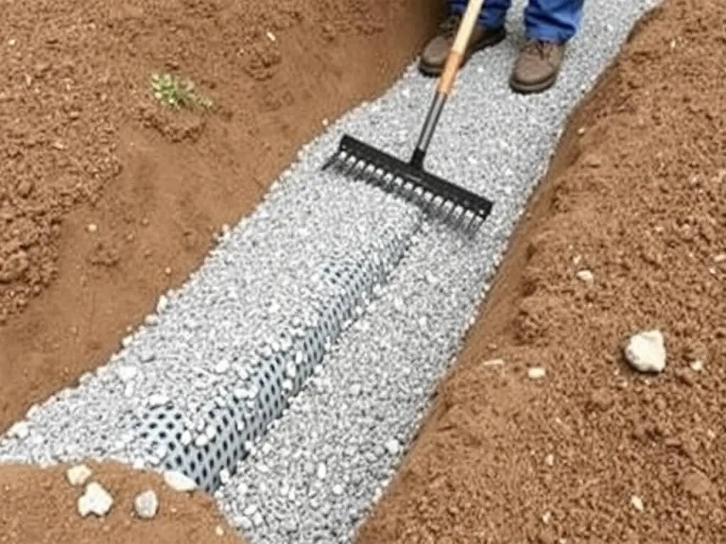 Covering perforated pipe with gravel in French drain Covering perforated pipe with gravel in French drain