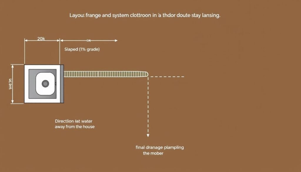 Diagram showing proper layout and slope for a French drain from an outdoor sink Diagram showing proper layout and slope for a French drain from an outdoor sink