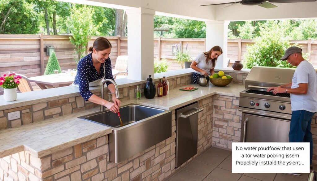 Finished outdoor kitchen with properly functioning sink and French drain system