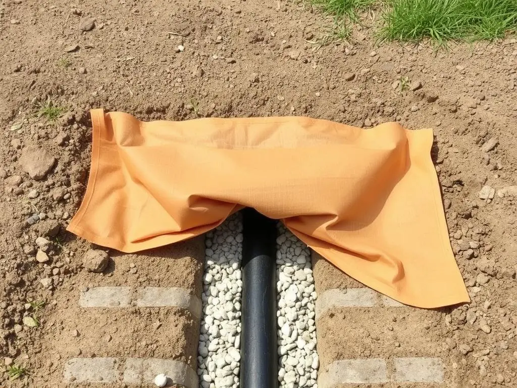 Folding landscape fabric over gravel in French drain Folding landscape fabric over gravel in French drain
