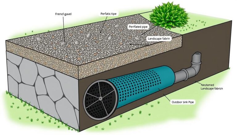 French drain cross-section showing layers of gravel, pipe, and fabric for outdoor sink drainage