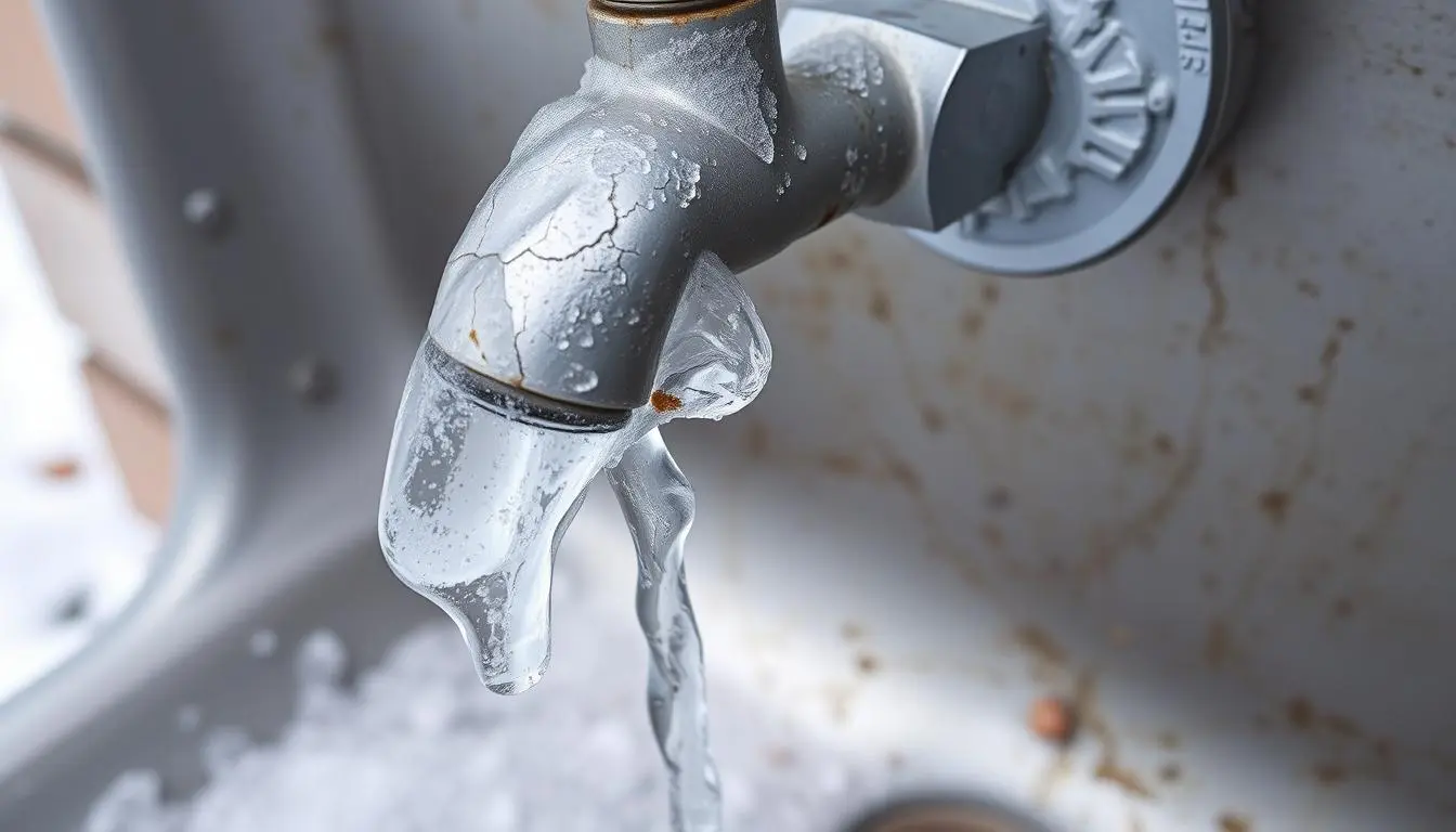 Frozen outdoor sink with visible ice damage showing why winterizing an outdoor sink is essential