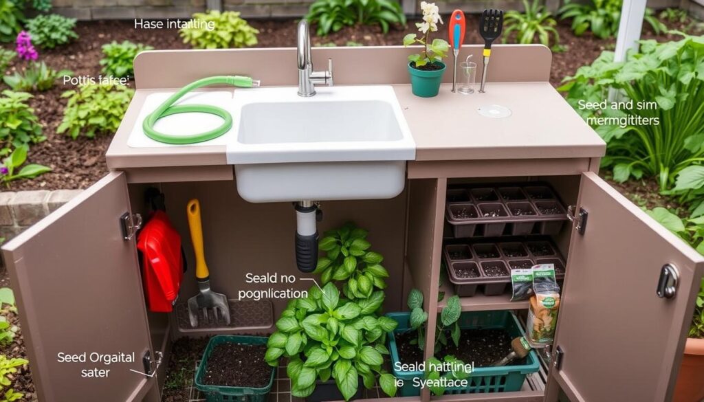 GardenMaster Potting Station with integrated sink and hose attachment