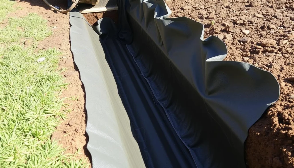 Lining a French drain trench with landscape fabric Lining a French drain trench with landscape fabric