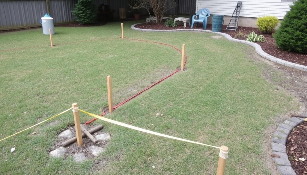 Marked path for French drain trench from outdoor sink Marked path for French drain trench from outdoor sink
