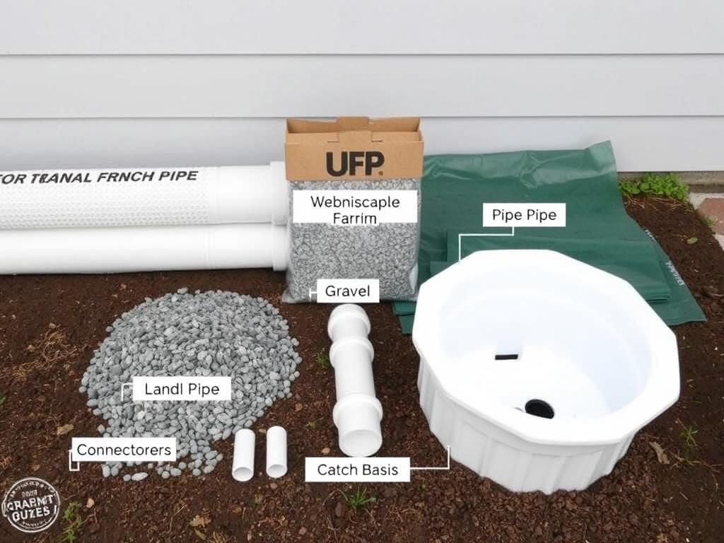 Materials needed for French drain installation including perforated pipe, gravel, and landscape fabric Materials needed for French drain installation including perforated pipe, gravel, and landscape fabric