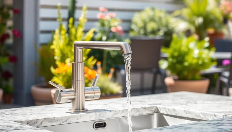 Modern outdoor sink faucet installed in a stone countertop with garden background