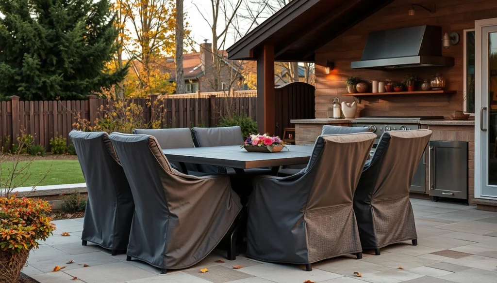 Outdoor dining furniture being covered with protective covers for winter Outdoor dining furniture being covered with protective covers for winter