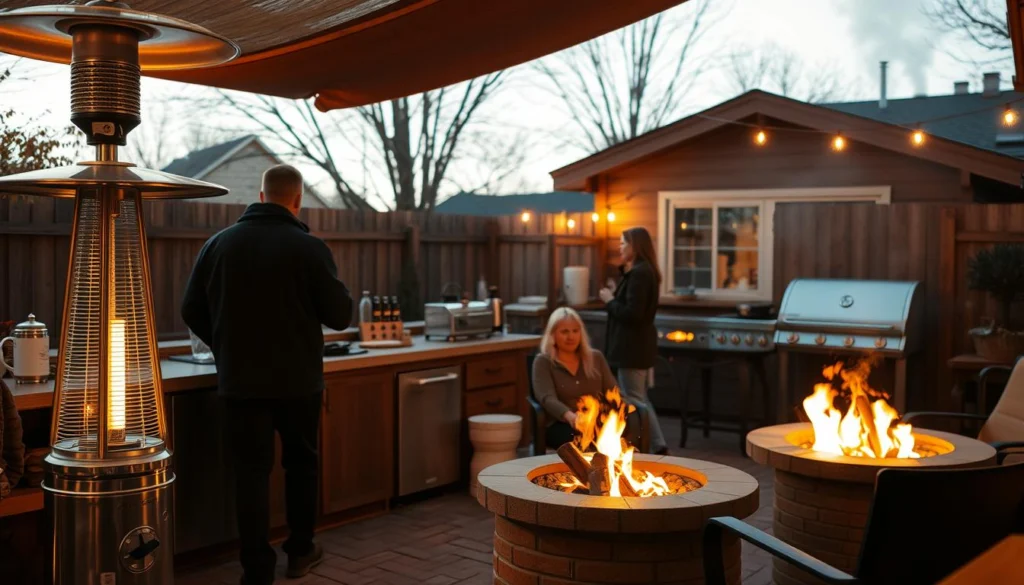 Outdoor kitchen with patio heaters and fire pit allowing for extended season use Outdoor kitchen with patio heaters and fire pit allowing for extended season use