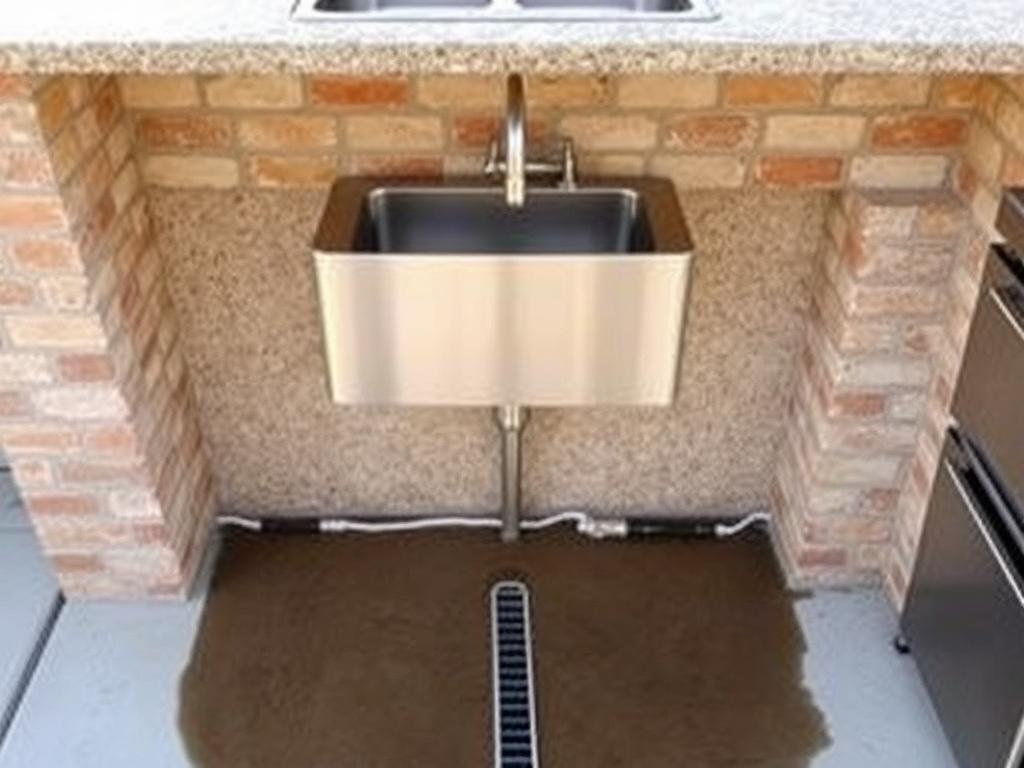 Outdoor kitchen with properly drained sink using a French drain system Outdoor kitchen with properly drained sink using a French drain system