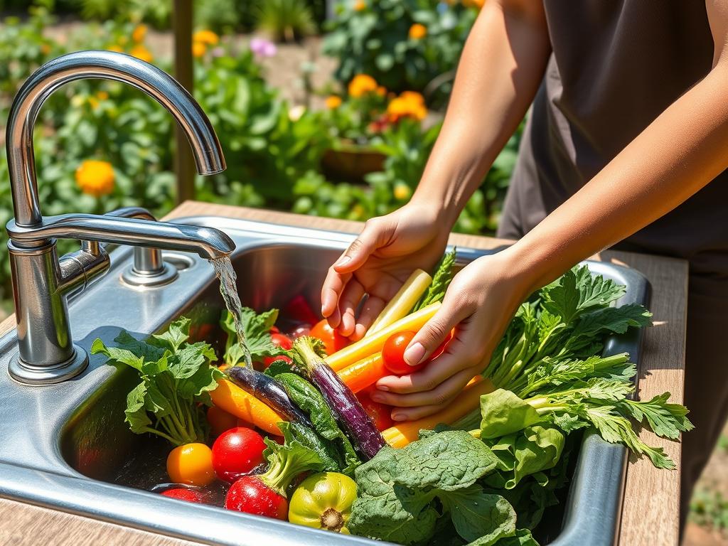 Outdoor sink being used as vegetable washing station