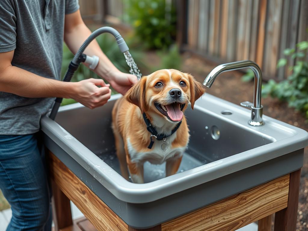 Outdoor sink being used for pet bathing