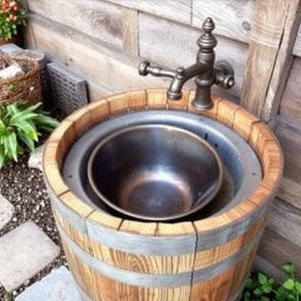 Outdoor sink made from repurposed barrel