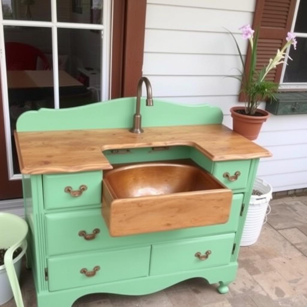 Outdoor sink made from repurposed furniture