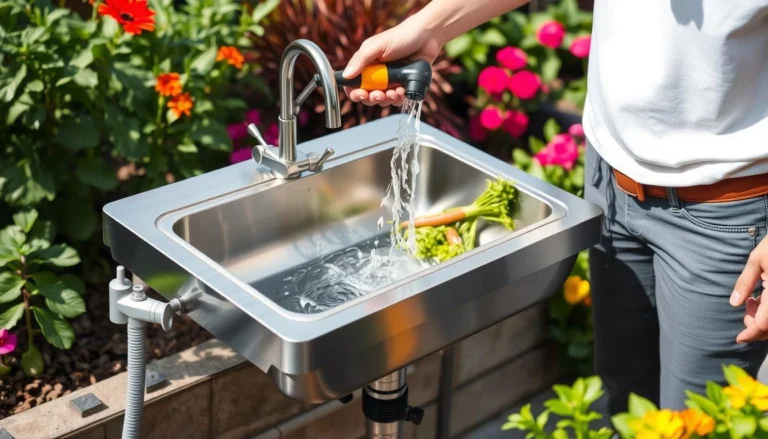Outdoor sink with hose attachment being used in a garden setting