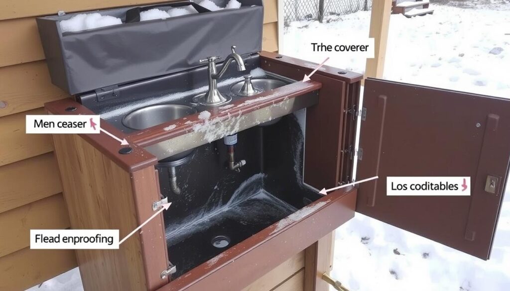Outdoor sink with weatherproofing features for year-round use