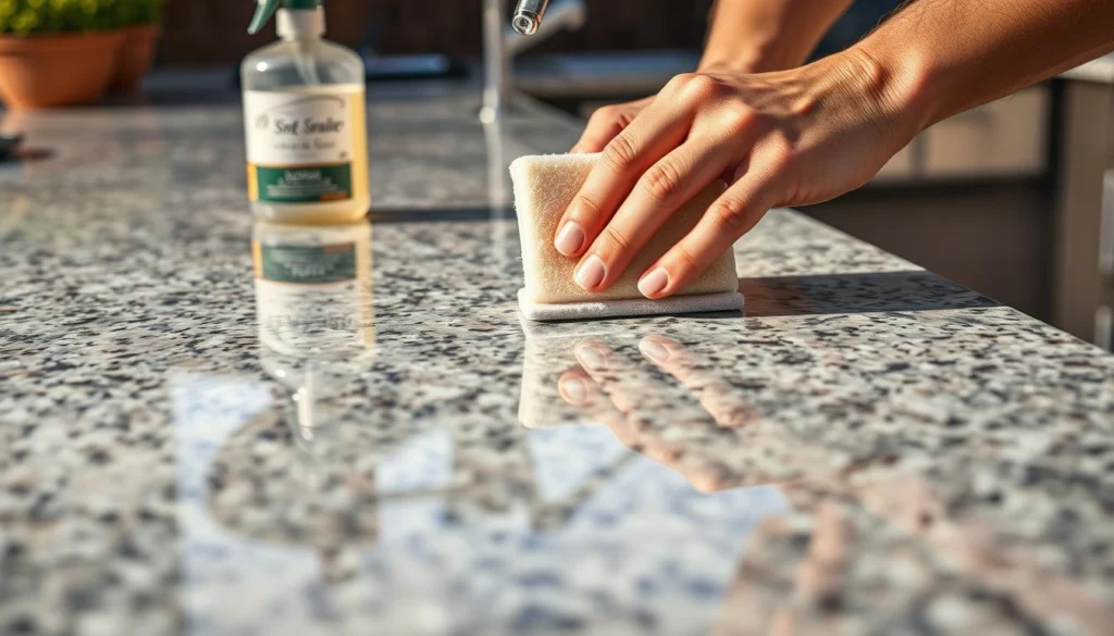 Person applying sealer to outdoor kitchen granite countertop for winter protection Person applying sealer to outdoor kitchen granite countertop for winter protection