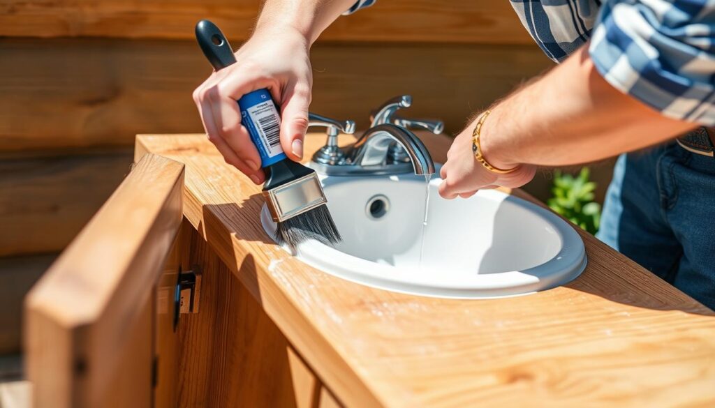 Person applying weatherproofing treatment to outdoor sink cabinet