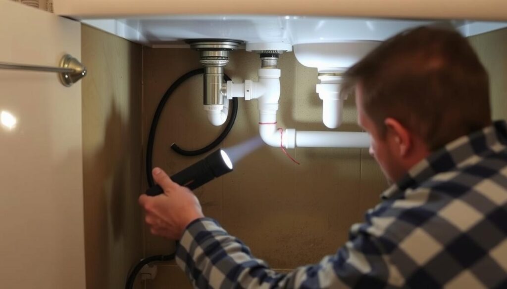 Person checking outdoor sink area for leaks before winter