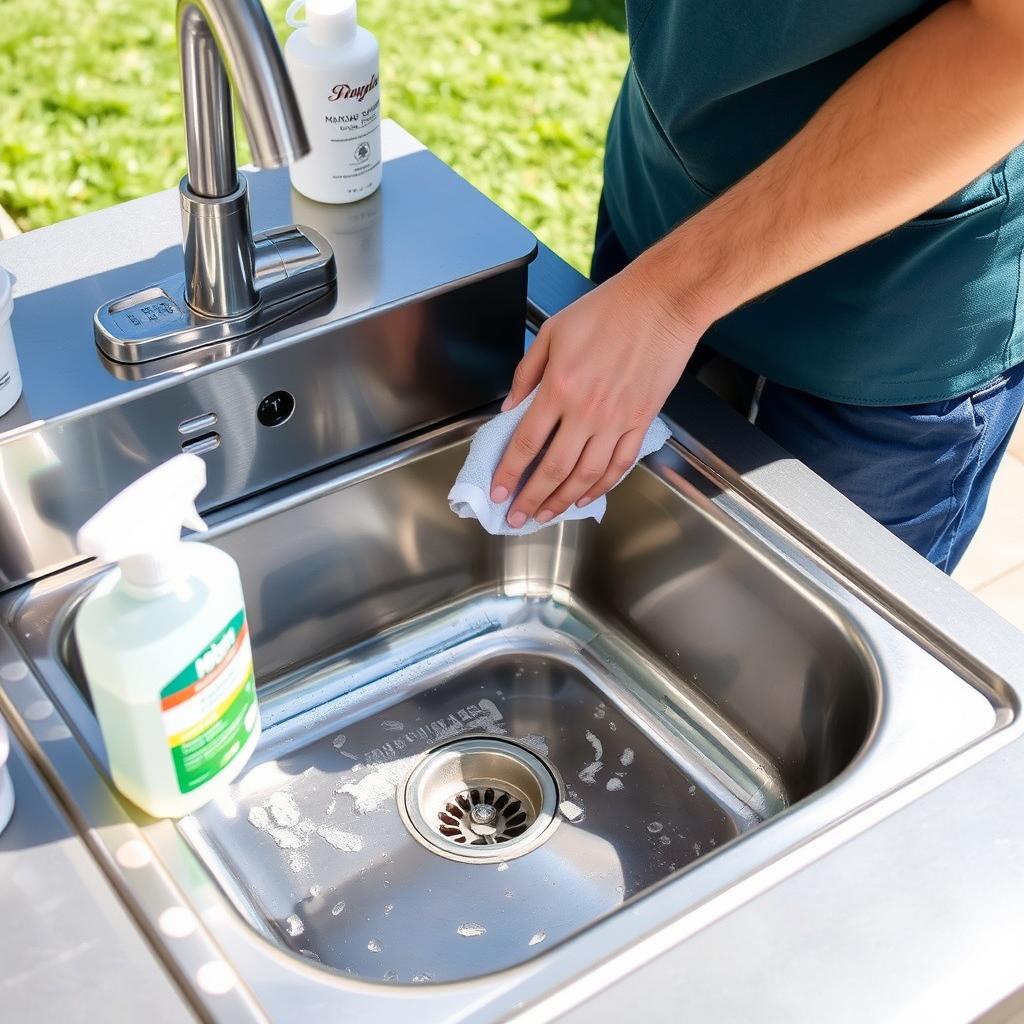 Person cleaning an outdoor sink with appropriate cleaning supplies