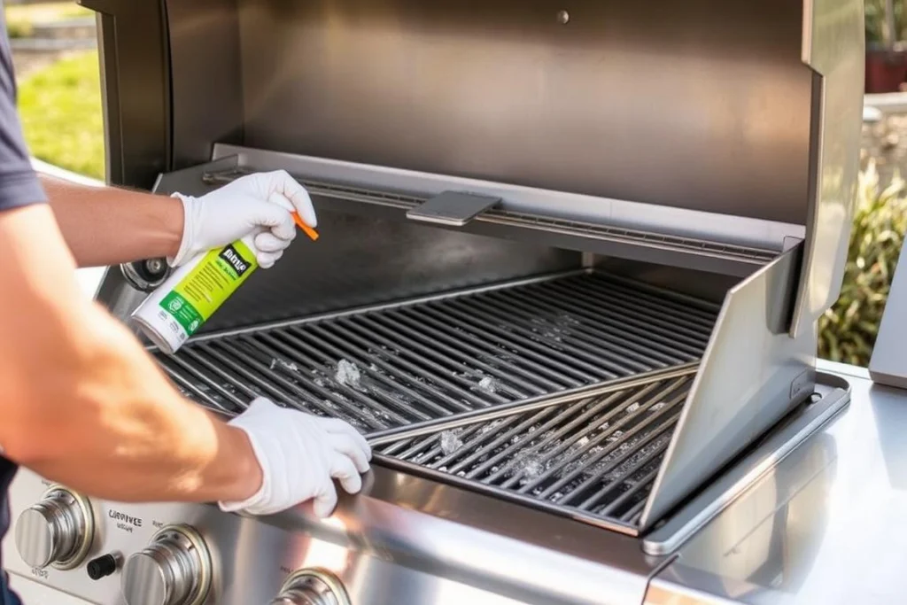 Person cleaning and preparing a stainless steel grill for winter storage Person cleaning and preparing a stainless steel grill for winter storage
