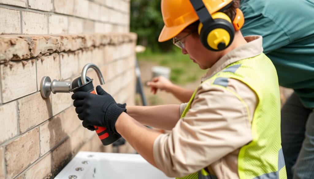 Person demonstrating safety equipment while building outdoor sink