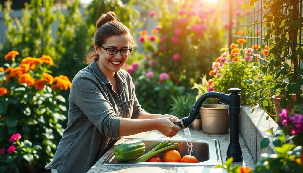 Person enjoying the convenience of an outdoor sink with hose attachment in garden setting Person enjoying the convenience of an outdoor sink with hose attachment in garden setting