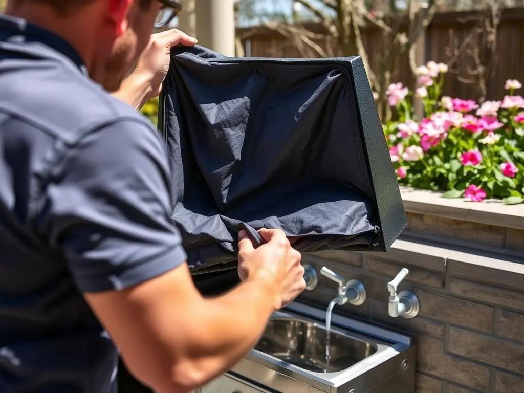 Person reopening outdoor kitchen in spring, removing covers and checking connections Person reopening outdoor kitchen in spring, removing covers and checking connections