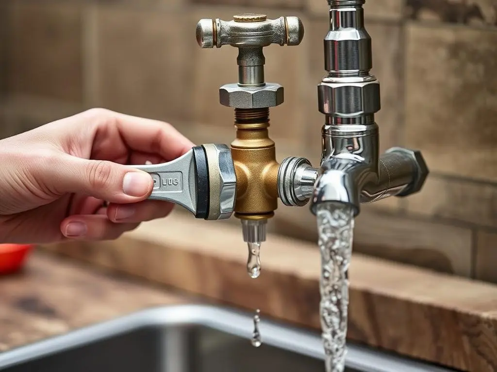 Person shutting off main water valve to outdoor kitchen and draining lines Person shutting off main water valve to outdoor kitchen and draining lines