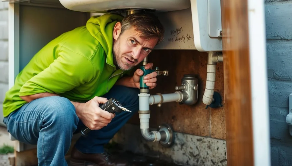 Person troubleshooting a clogged outdoor sink Person troubleshooting a clogged outdoor sink