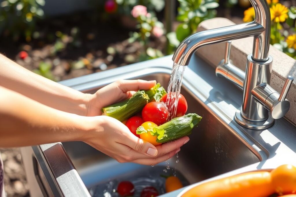 Person using an outdoor sink faucet to wash garden vegetables