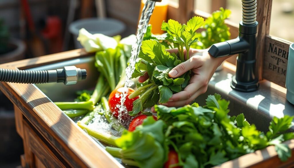 Person using outdoor sink with hose attachment to wash garden vegetables