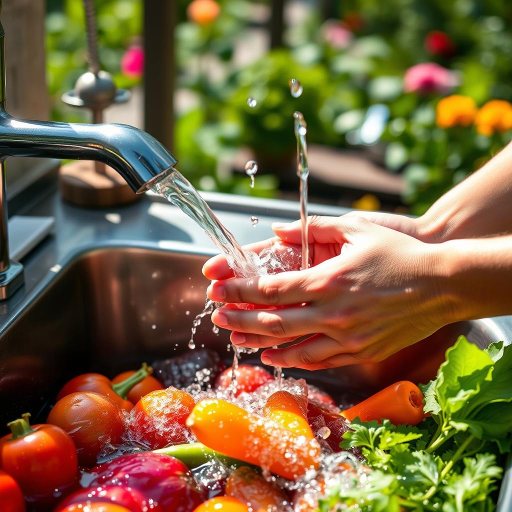 Person washing garden vegetables at an outdoor sink
