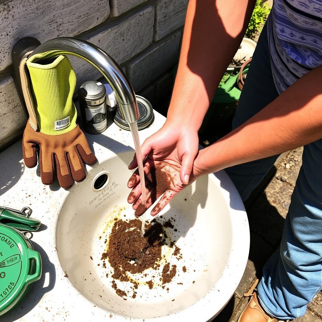 Person washing hands at outdoor sink after gardening