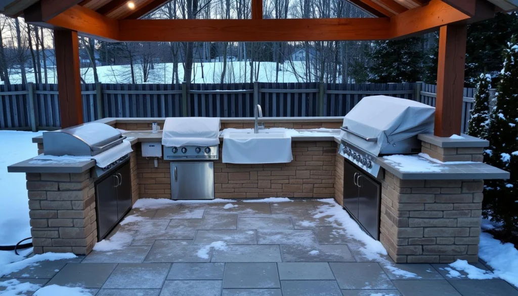 Properly winterized outdoor kitchen ready for the cold season Properly winterized outdoor kitchen ready for the cold season
