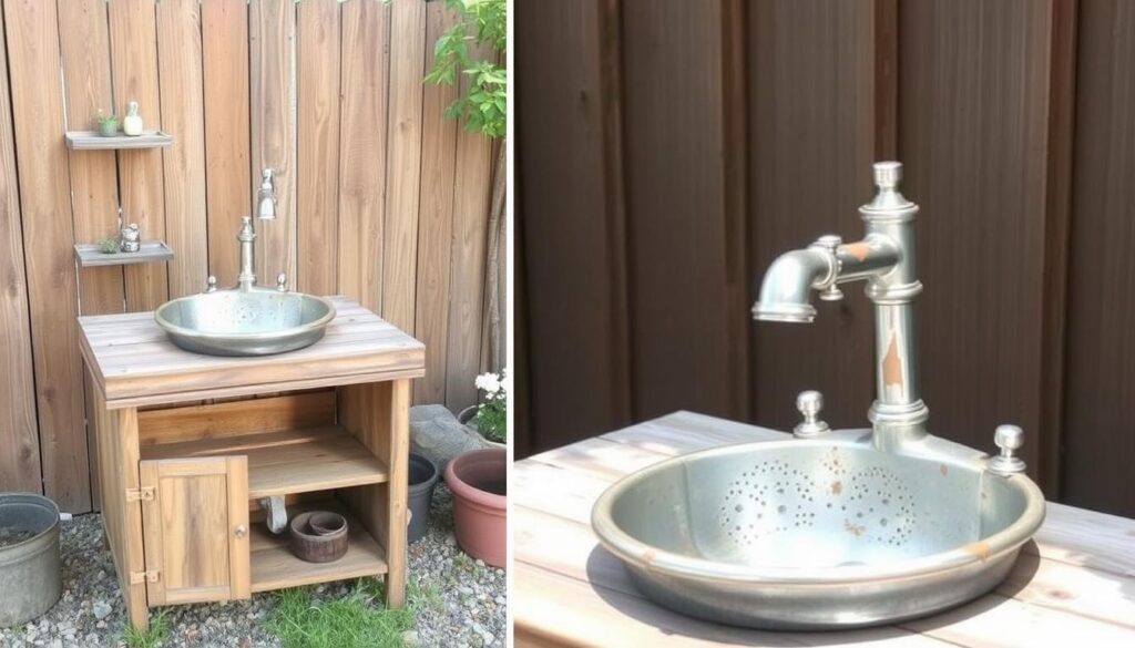 Repurposed materials being used to create outdoor sink