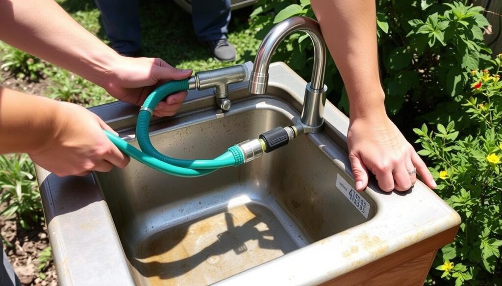 Seasonal maintenance of an outdoor sink in garden setting